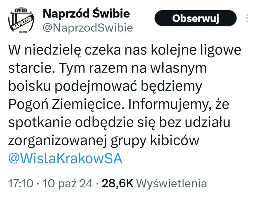 OGŁOSZENIE od Naprzód Świbie przed kolejnym meczem ligowym XD